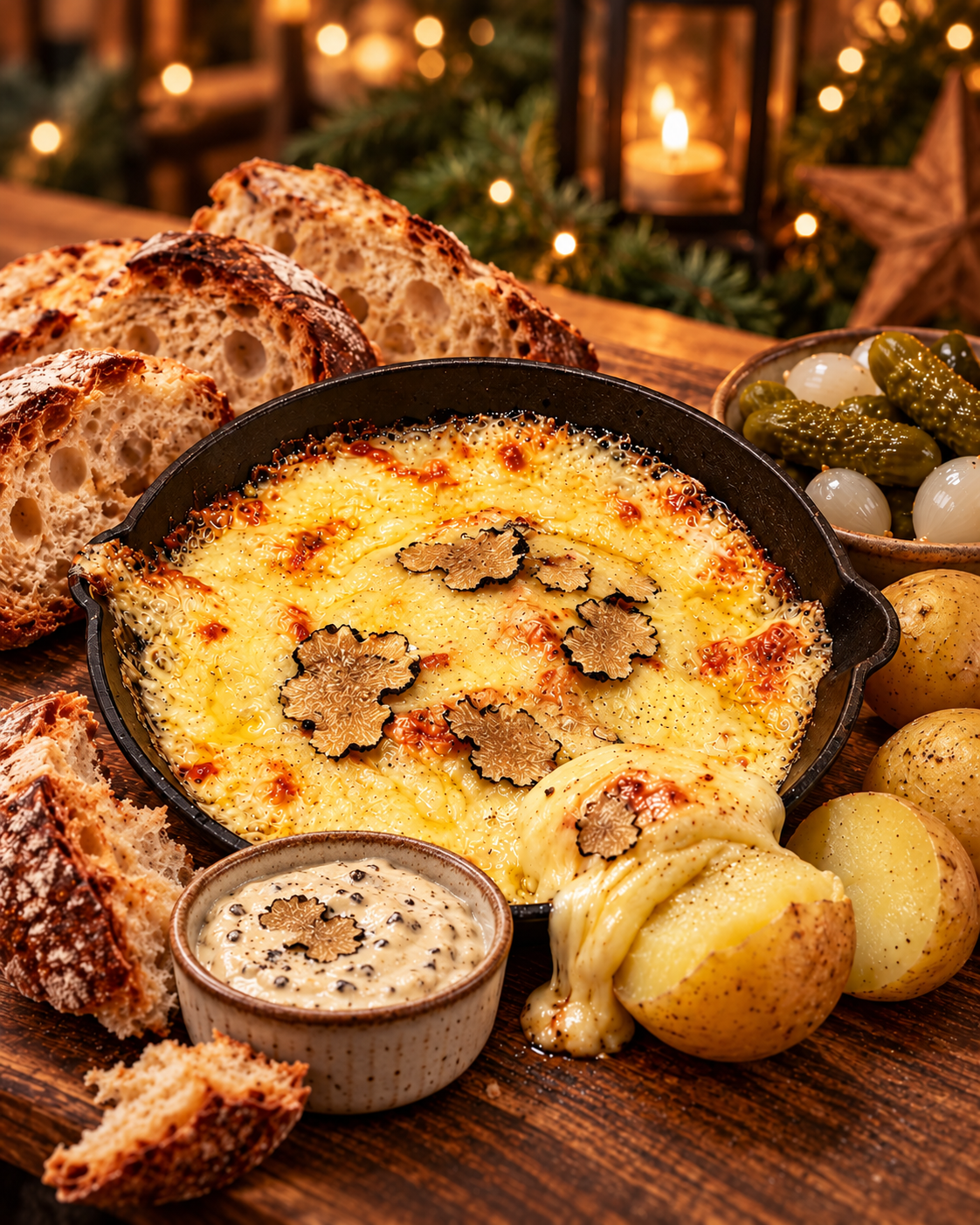 Goldbraun geschmolzenes Trüffel-Raclette in einer Gusseisenpfanne, mit Trüffeldip, krossem Bauernbrot, jungen Kartoffeln, Cornichons und Silberzwiebeln